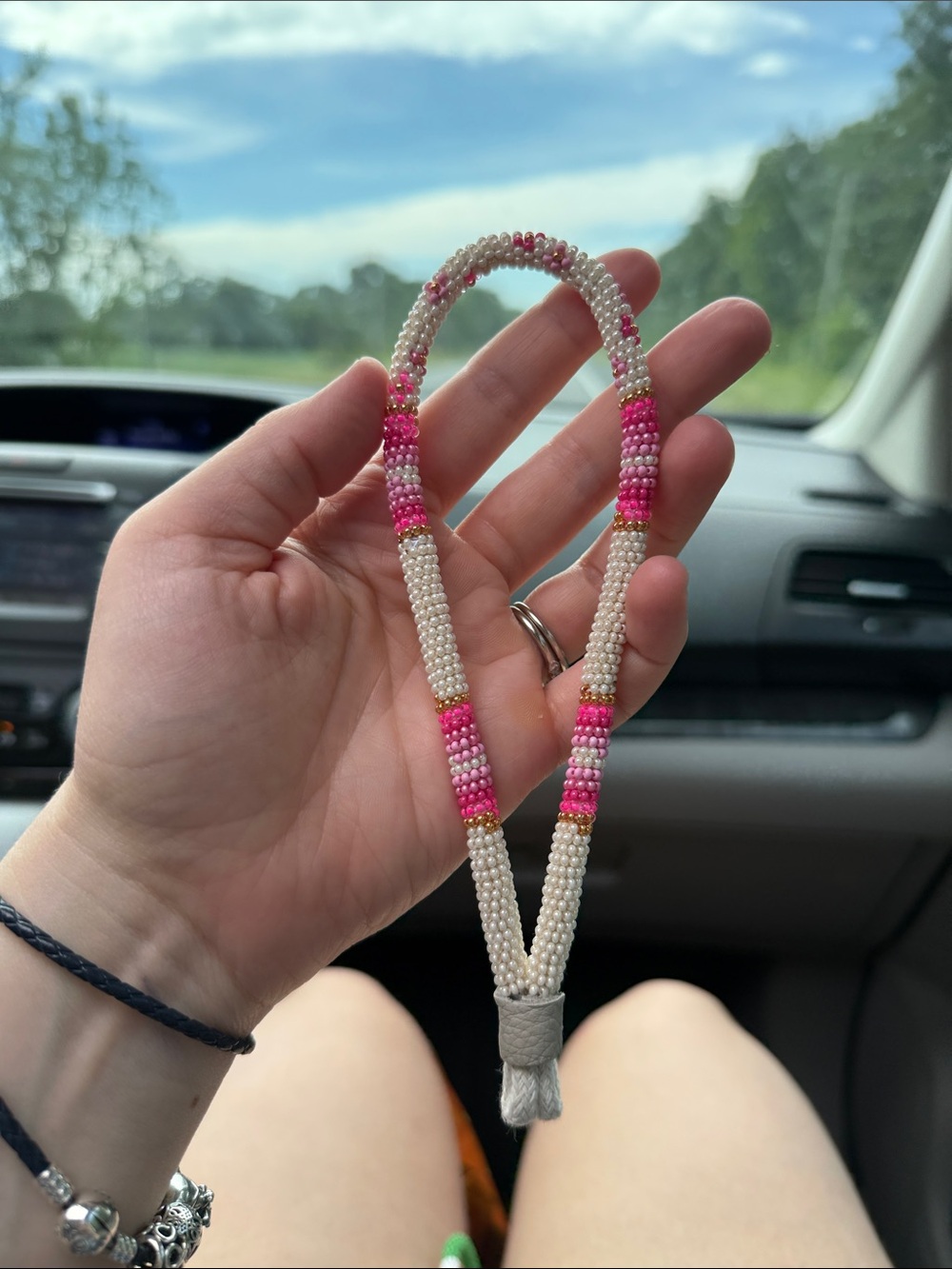 Indigenous Handmade Beaded keychain Pink and Pearl Lanyard with flowers